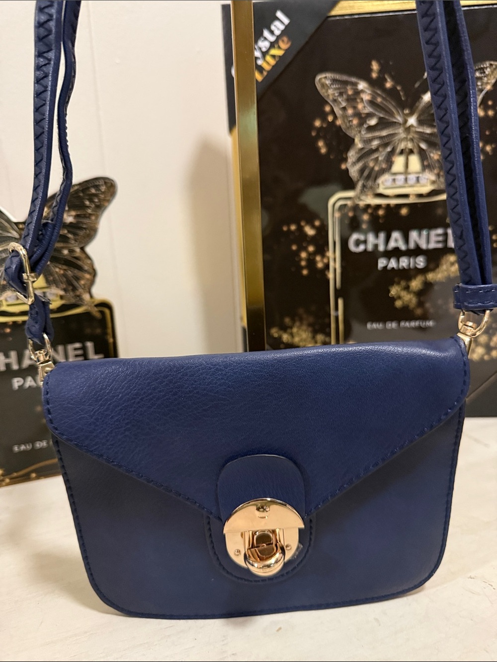 Navy Crossbody Bag with Gold Turn-Lock